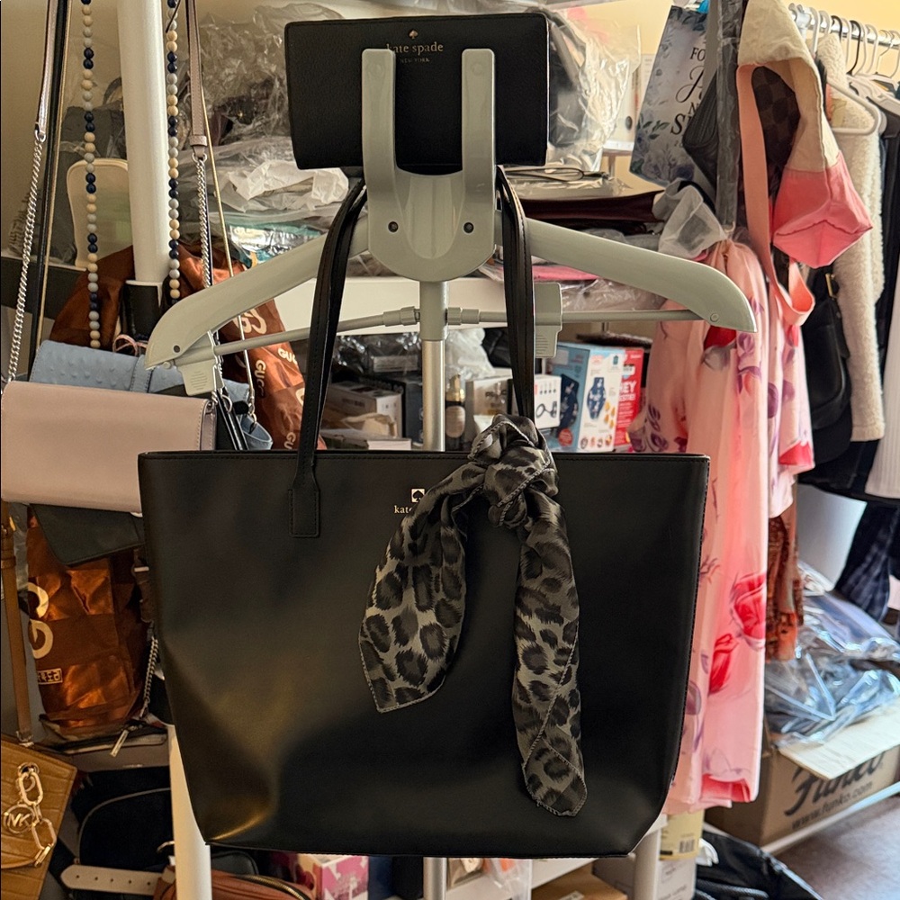 Kate Spade Black Tote with Leopard Scarf and wallet